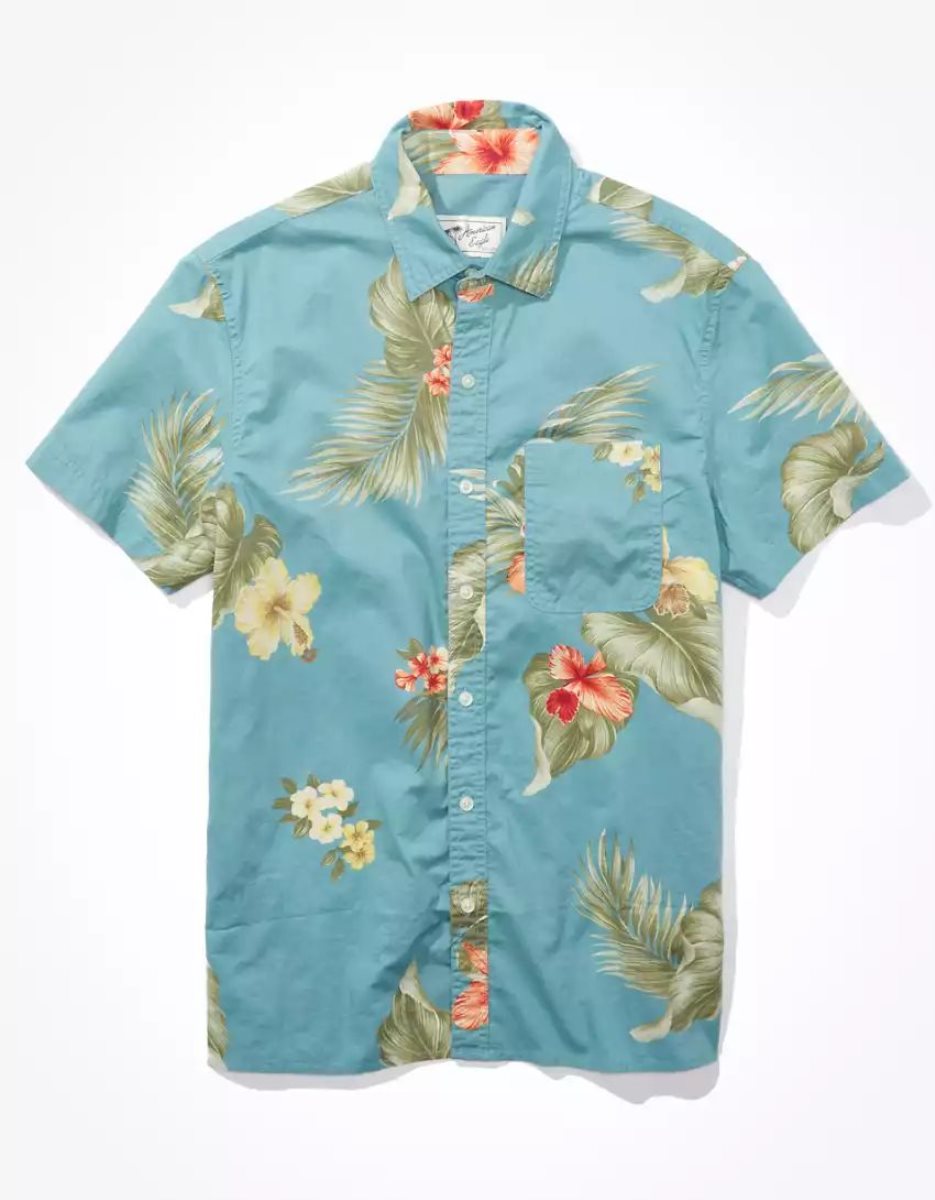 Hauts Flanelle American Eagle AE Tropical Button-Up Resort Shirt Turquoise Homme | FJS-26033845